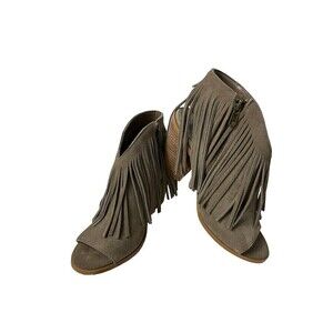 Steve Madden Women 7M Taupe Boot Suede Leather Zip Open Toe Fringe Heeled Bootie